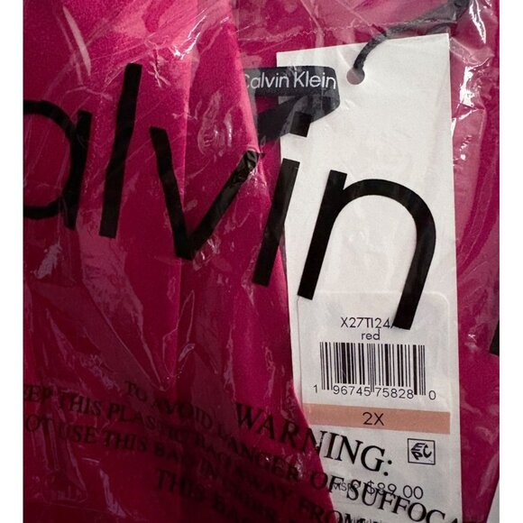 Calvin Klein +2X Solid Red Satin On Button Wrap V-Neckline Long Sleeve Blouse - Picture 6 of 6